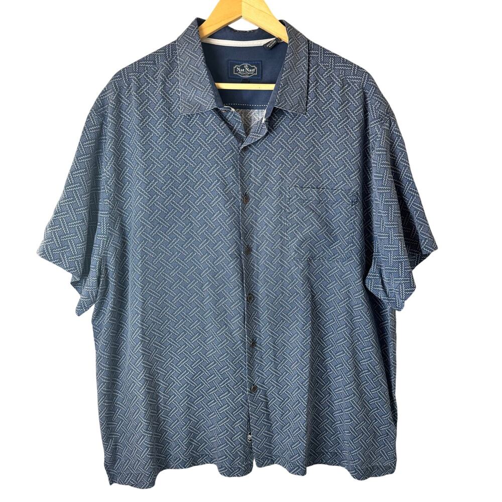 Nat Nast Shirt Mens XXL Navy Silk Geometric All Over Print Hawaiian Camp Bowling